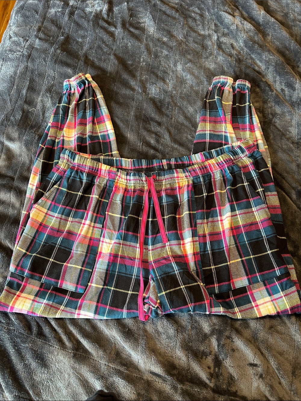 Joyspun Plaid Drawstring Lounge Pants - Black with Pink & Teal 2x